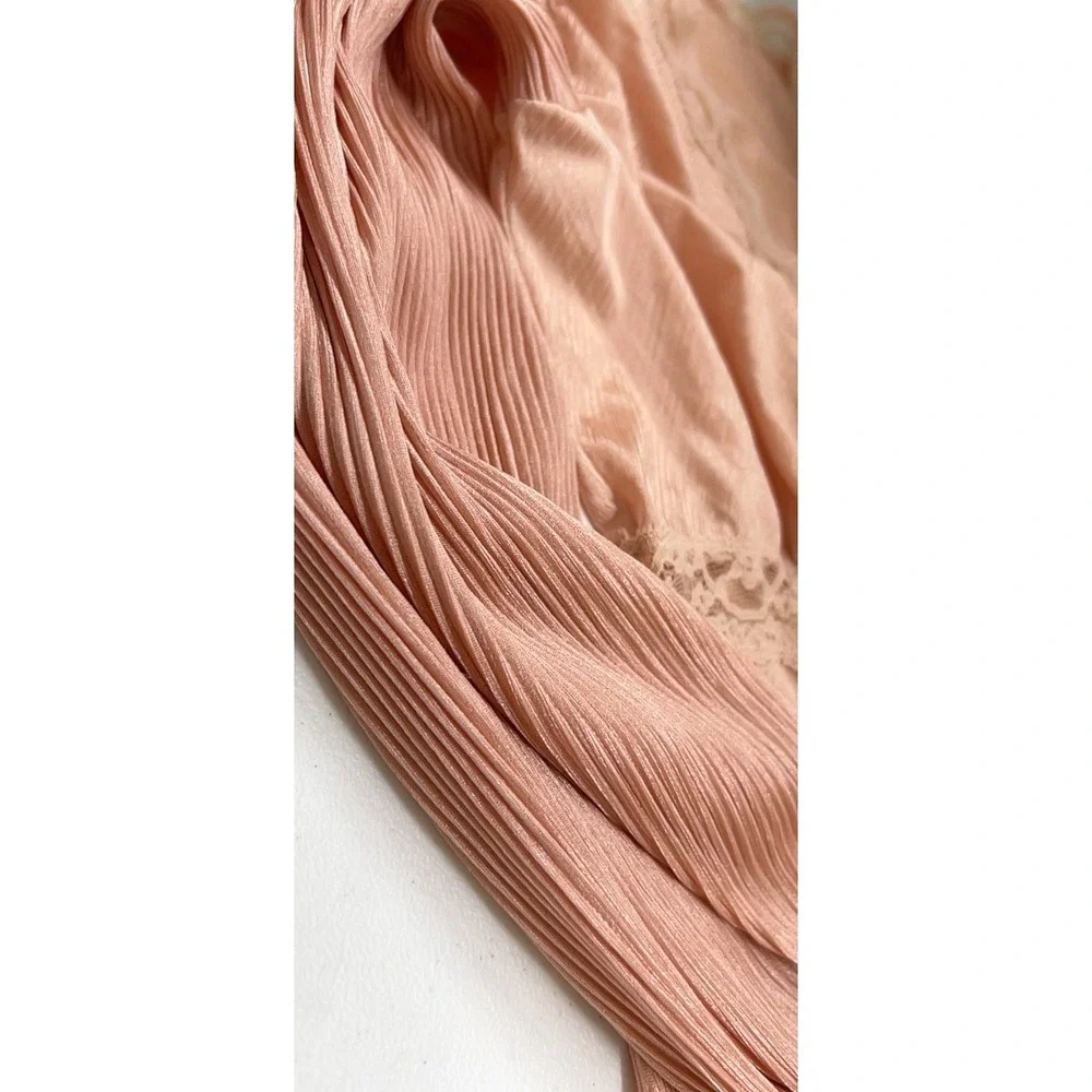 Vtg 70s Miss Elaine Pink Liquid Satin Plisse Maxi Wrap Robe Peignoir Lace Sz L